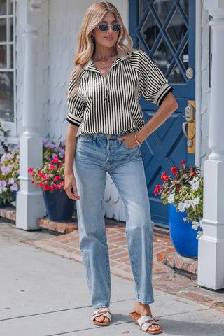 Black Stripe Polo Collar Half Zip Puff Sleeve Blouse