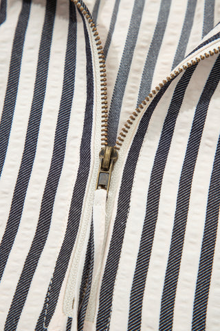 Black Stripe Polo Collar Half Zip Puff Sleeve Blouse