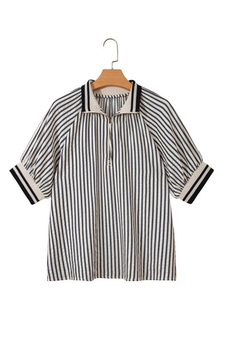 Black Stripe Polo Collar Half Zip Puff Sleeve Blouse