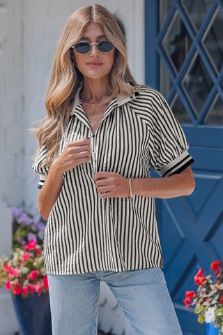 Black Stripe Polo Collar Half Zip Puff Sleeve Blouse