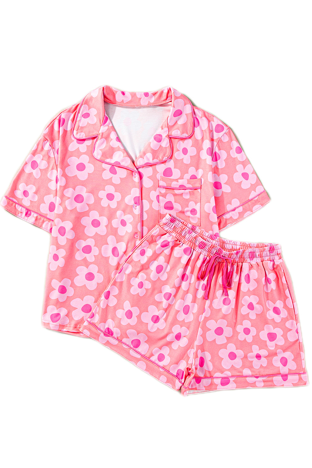 Pink 60s Flower Print Buttoned Shirt and Drawstring Waist Pajama Set