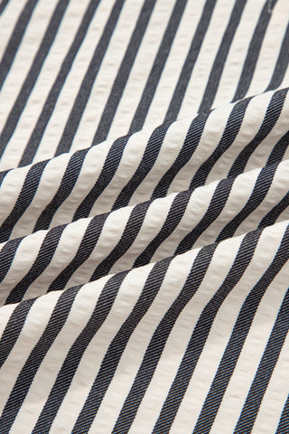 Black Stripe Polo Collar Half Zip Puff Sleeve Blouse