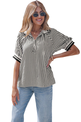 Black Stripe Polo Collar Half Zip Puff Sleeve Blouse