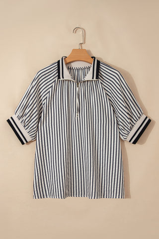 Black Stripe Polo Collar Half Zip Puff Sleeve Blouse