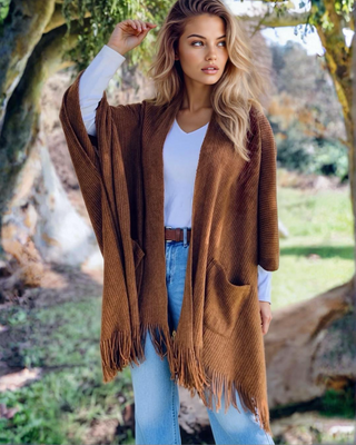 Cozy Moments Brown Fringe Knit Cardigan