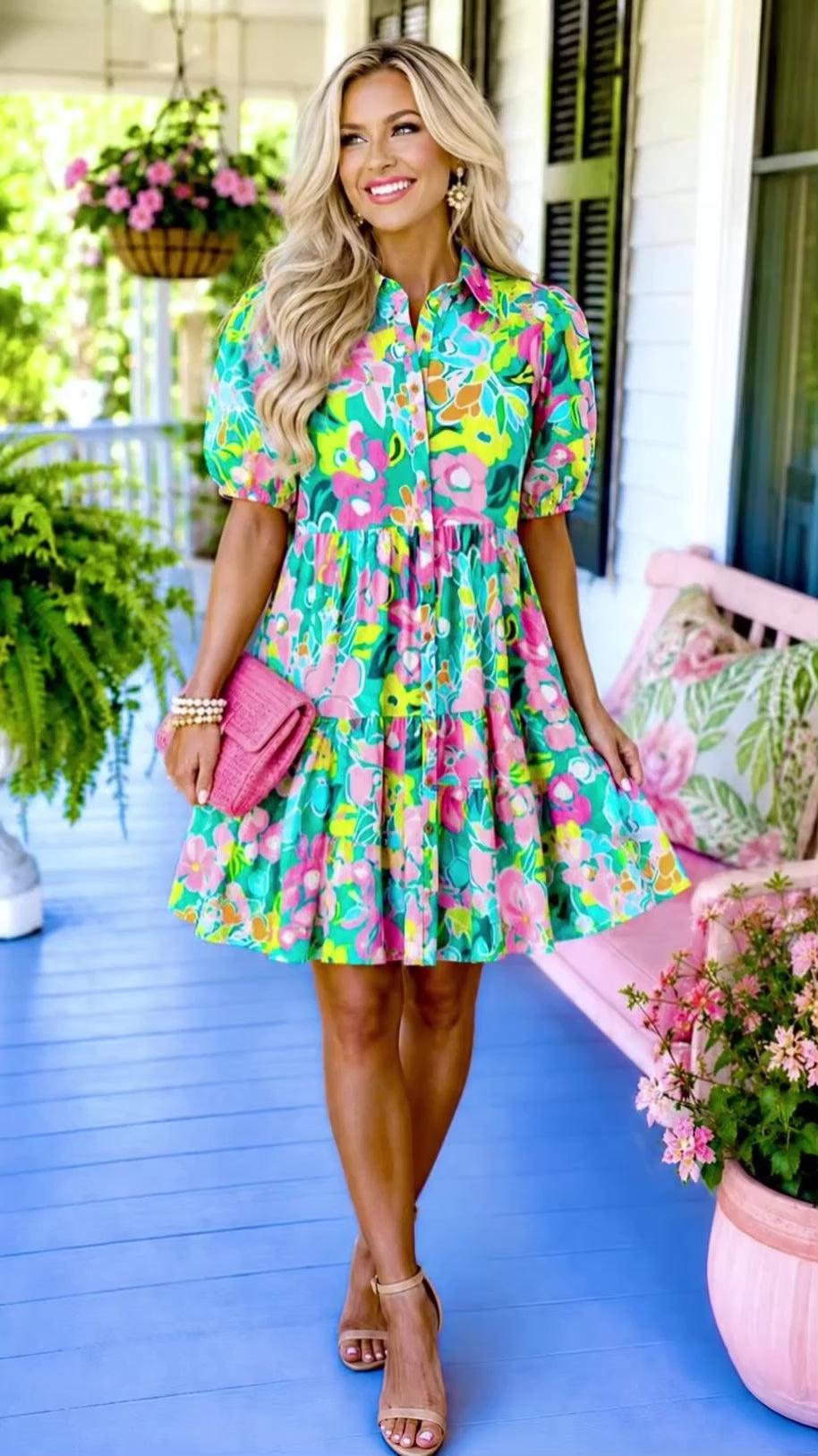 Video of a  Woman wearing a pink and turquoise floral puff sleeve dress while holding a pink clutch on a cottage-style porch.