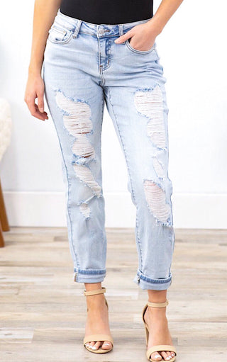 Everything About You Light Wash Boyfriend Jeans, Sizes 3-22W