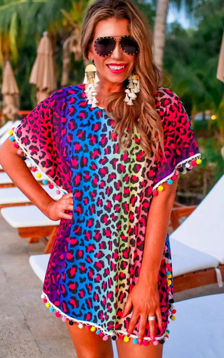 Beach Babe Rainbow Leopard Swimsuit Cover Up, SM-4X!