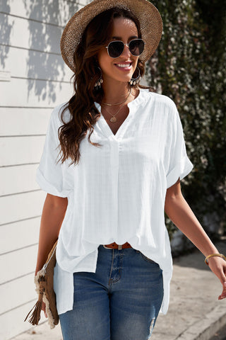 Notched Side Slit Cuffed Blouse, SM-2X