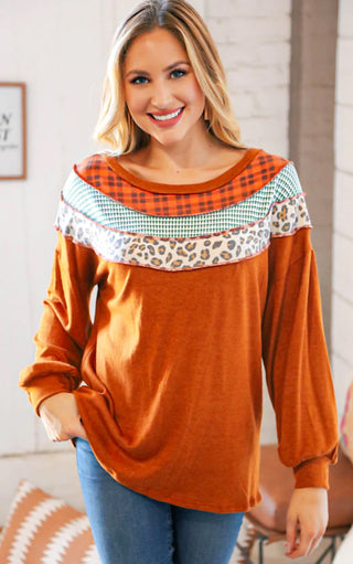 Cider Sipping Rust Plaid & Leopard Top