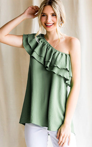 RESTOCKED! Sophisticated Sweetie Light Olive One Shoulder Top