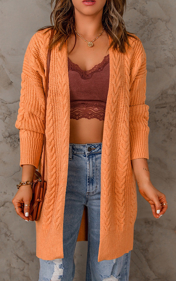 Autumn Sunset Orange Cable-Knit Sweater Cardigan, MEDIUM left!