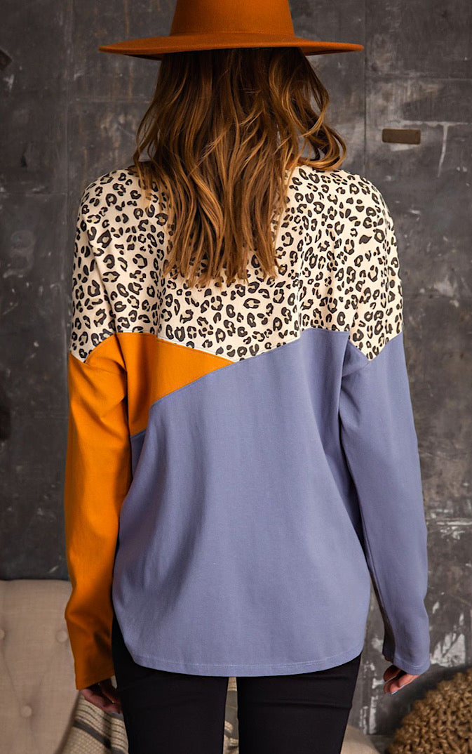 Easy To Love Leopard Print Colorblock Top