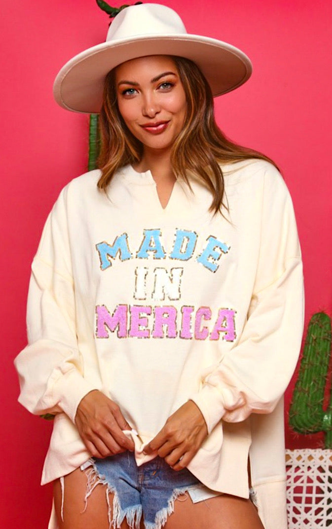 Made In America Chenille Patch Patriotic Pullover