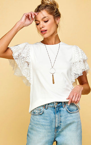 Living The Dream White Lace Sleeve Top