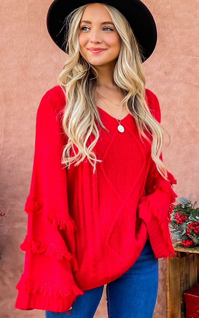 Home For The Holidays Red Fringe Sweater