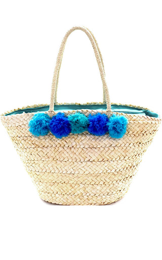 Summer Lovin’ Blue Pom Pom Straw Tote