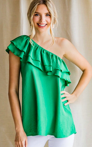 RESTOCKED! Sophisticated Sweetie Green One Shoulder Top