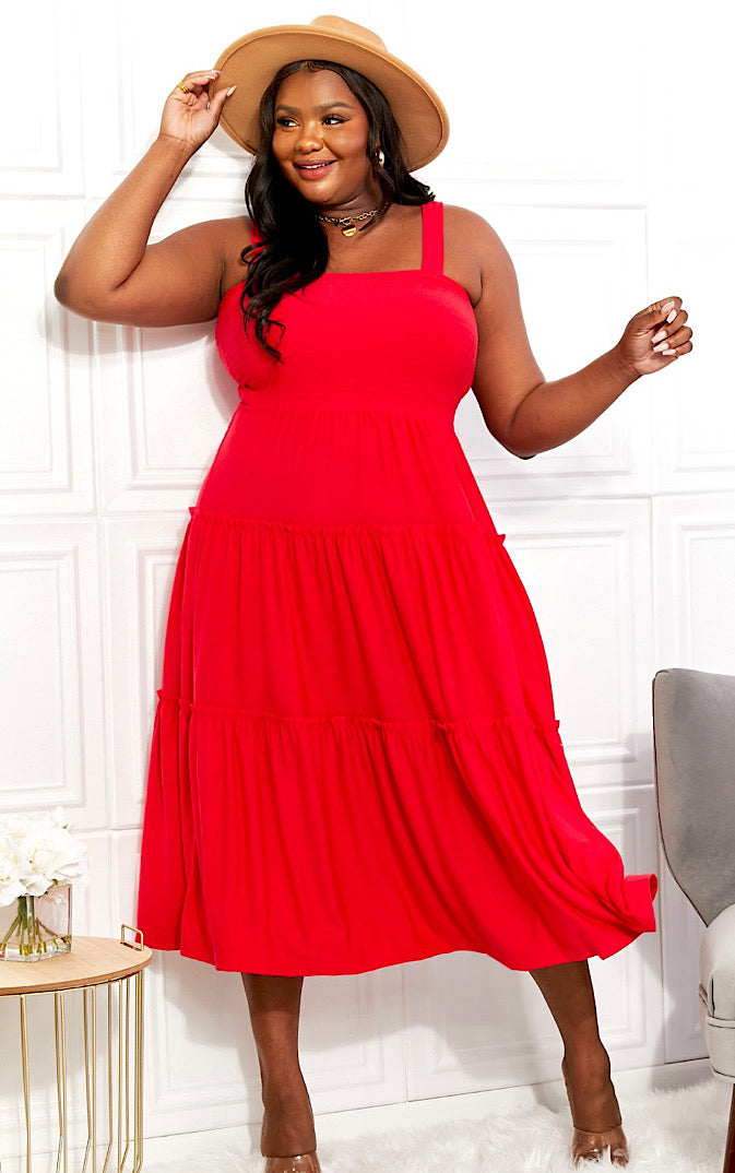 Away On Vacay Red Smocked Tiered Midi Dress, XL-3X