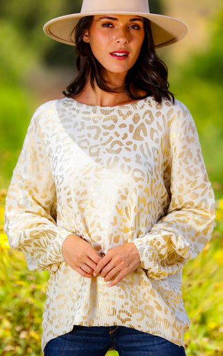 Fun & Fierce Ivory And Gold Cheetah Sweater