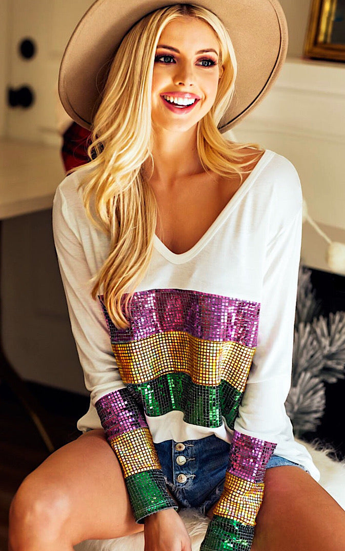 Throw Me Some Candy Mister Sequin Mardi Gras Top, RESTOCKED