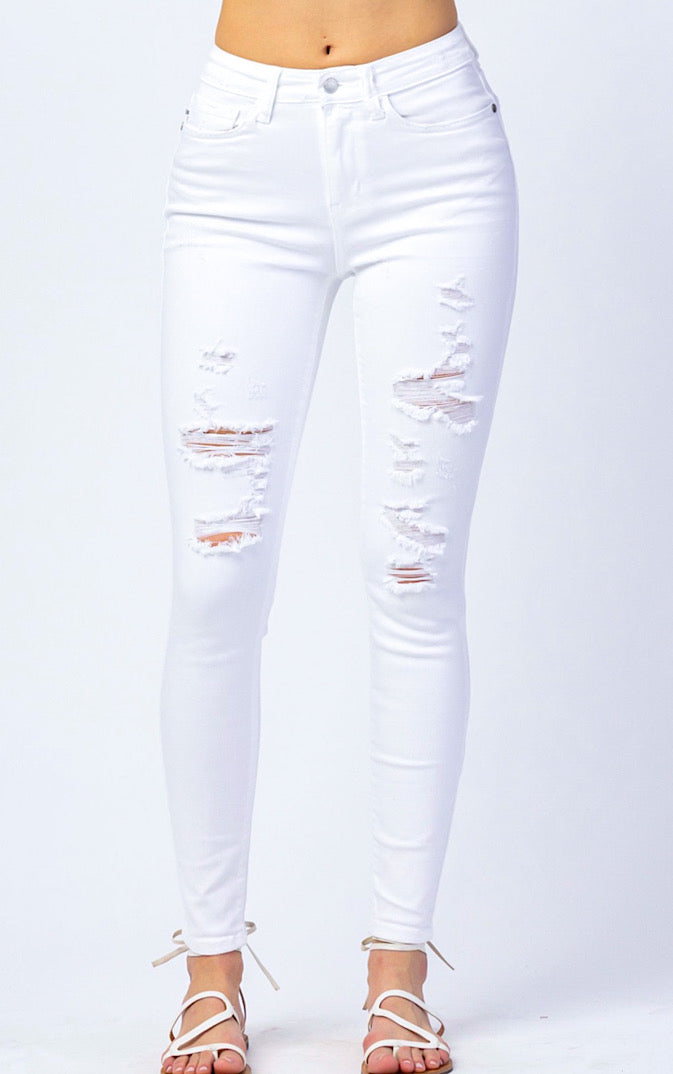Feeling Flawless White Judy Blue Distressed Jeans, Sizes 3-18W