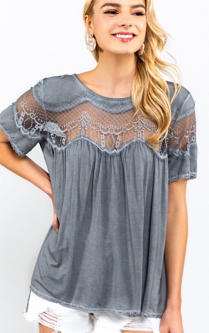 In My Dreams Grey Lace Top, SMALL