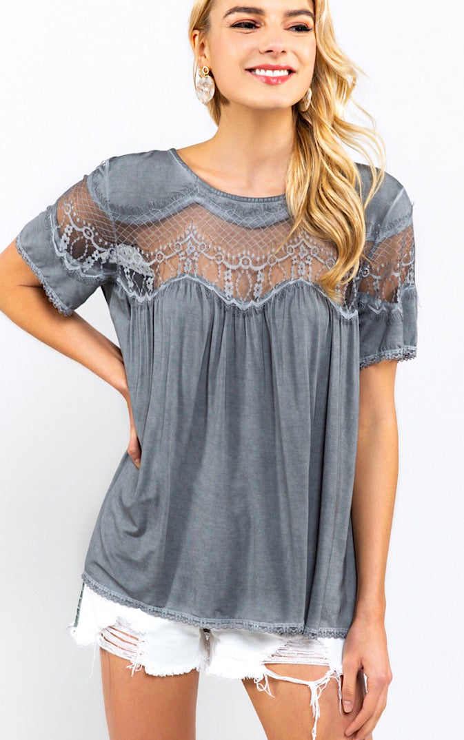 In My Dreams Grey Lace Top, SMALL