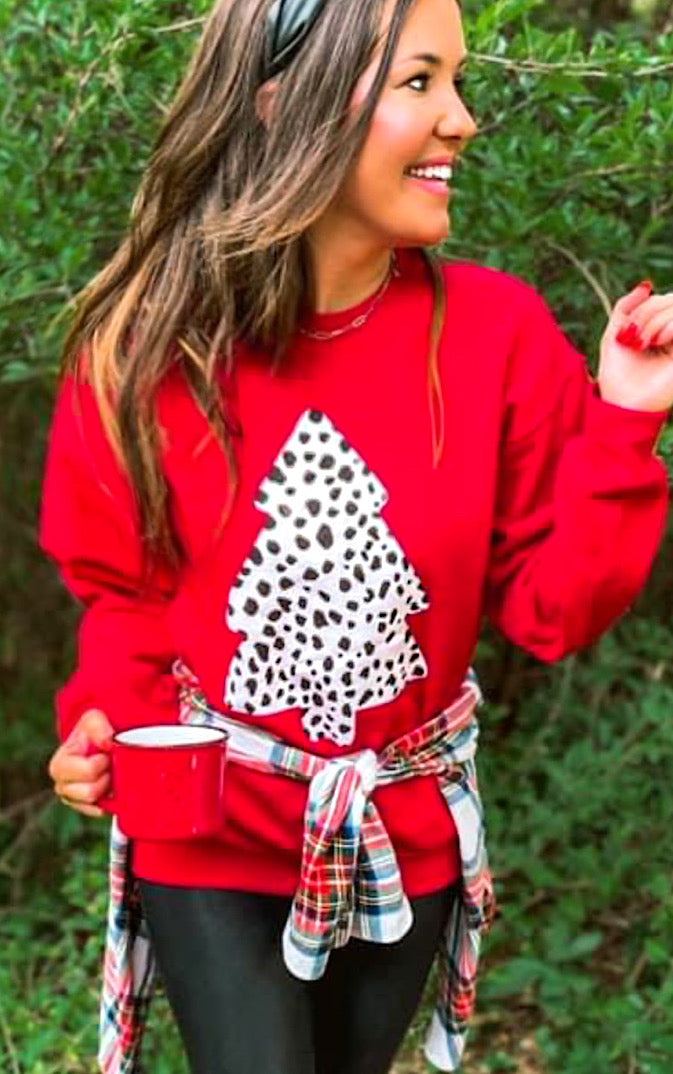 Feeling Festive Red Dalmatian Christmas Tree Sweatshirt, MEDIUM left!