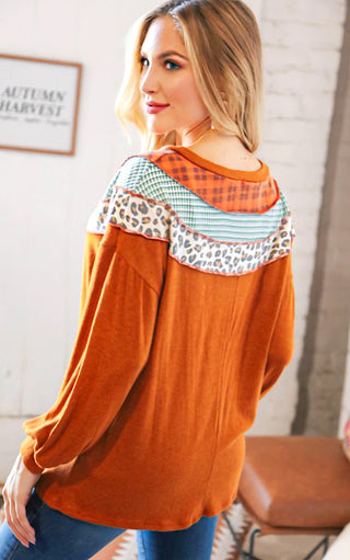 Cider Sipping Rust Plaid & Leopard Top