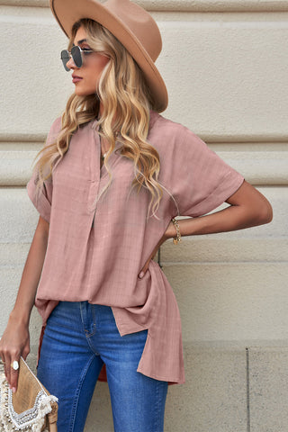 Notched Side Slit Cuffed Blouse, SM-2X