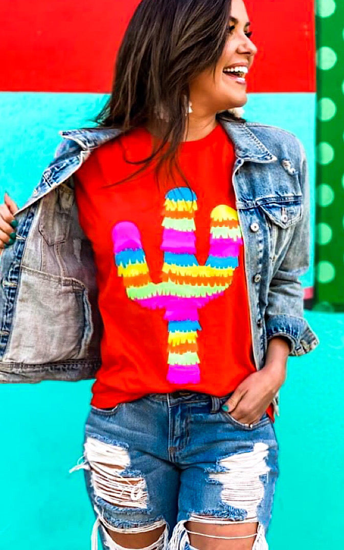 Let’s Fiesta Colorful Cactus Tee, SMALL