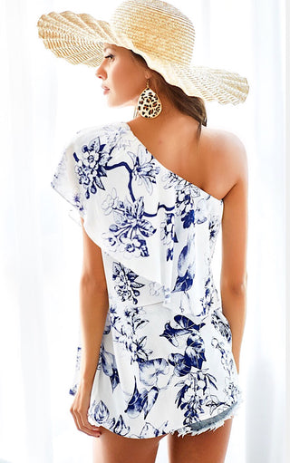 Weekend Oasis Navy And White One Shoulder Top