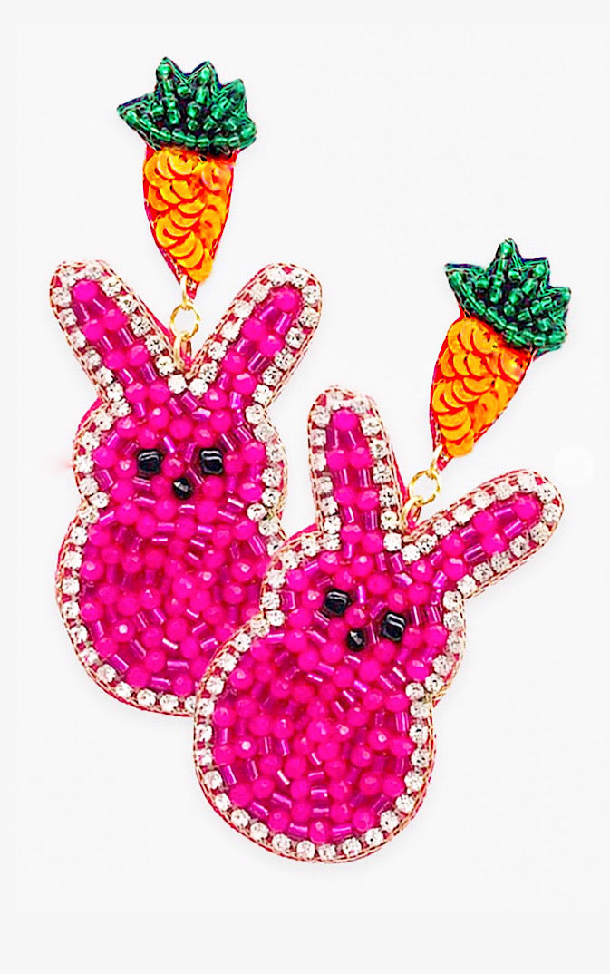 Hot Pink Beaded Bunny Earrings