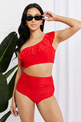 Days In The Sun Red Ruffle One Shoulder Bikini Swimsuit, SM-2X