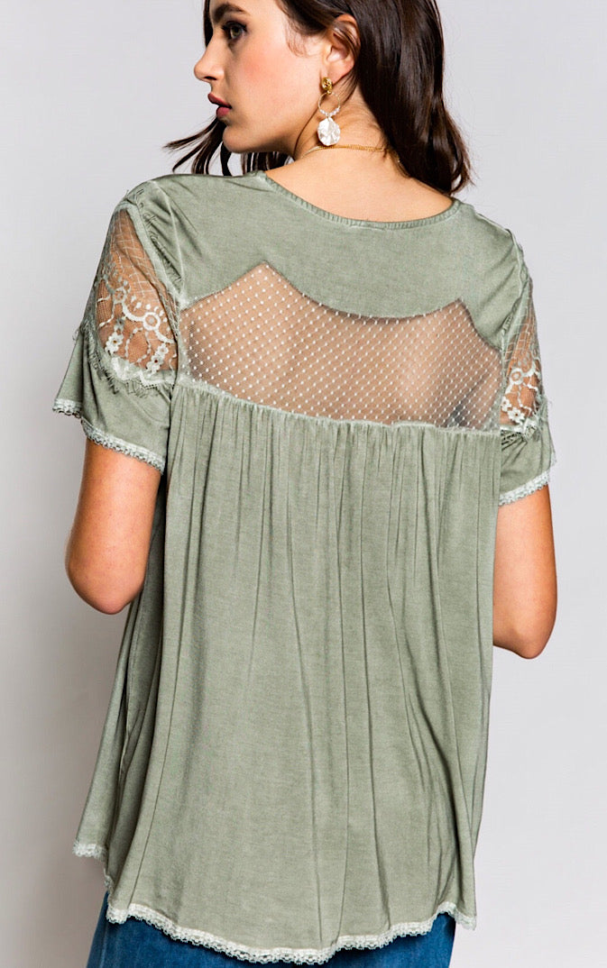 In My Dreams Olive Lace Top, LARGE, runs large!