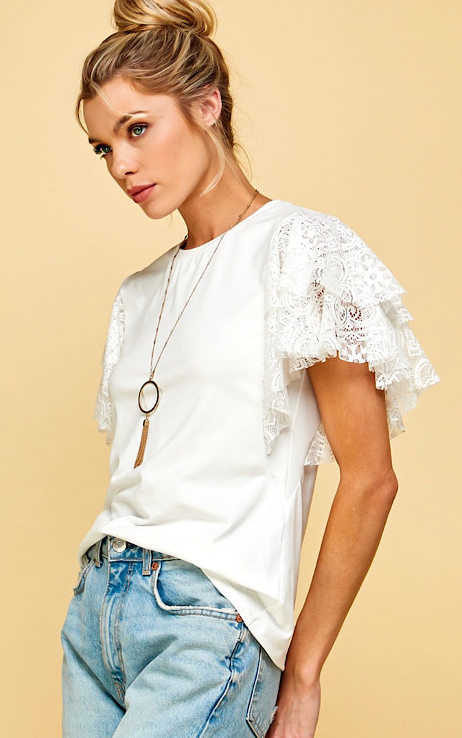 Living The Dream White Lace Sleeve Top