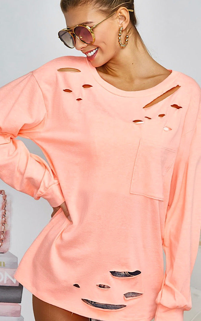 Wish You Were Here Distressed Coral Top