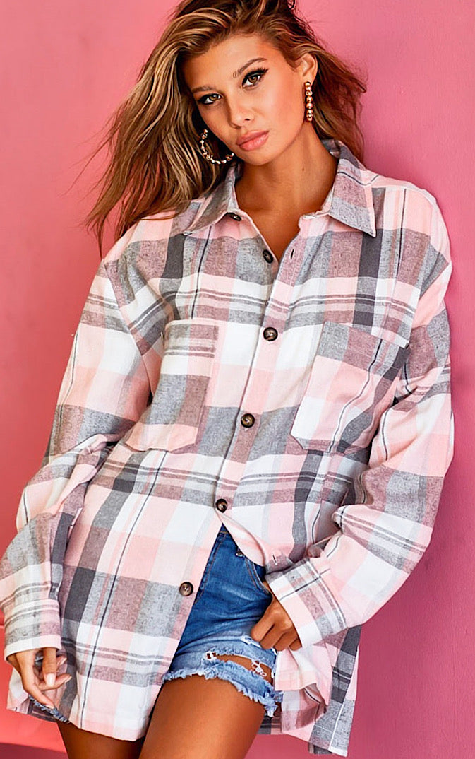 Perfectly Plaid Pink And Grey Shacket
