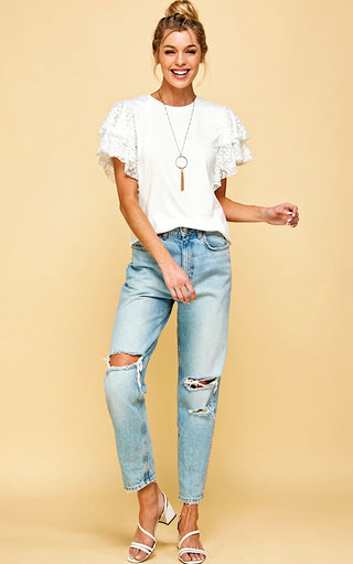 Living The Dream White Lace Sleeve Top