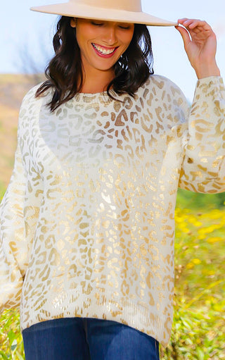 Fun & Fierce Ivory And Gold Cheetah Sweater