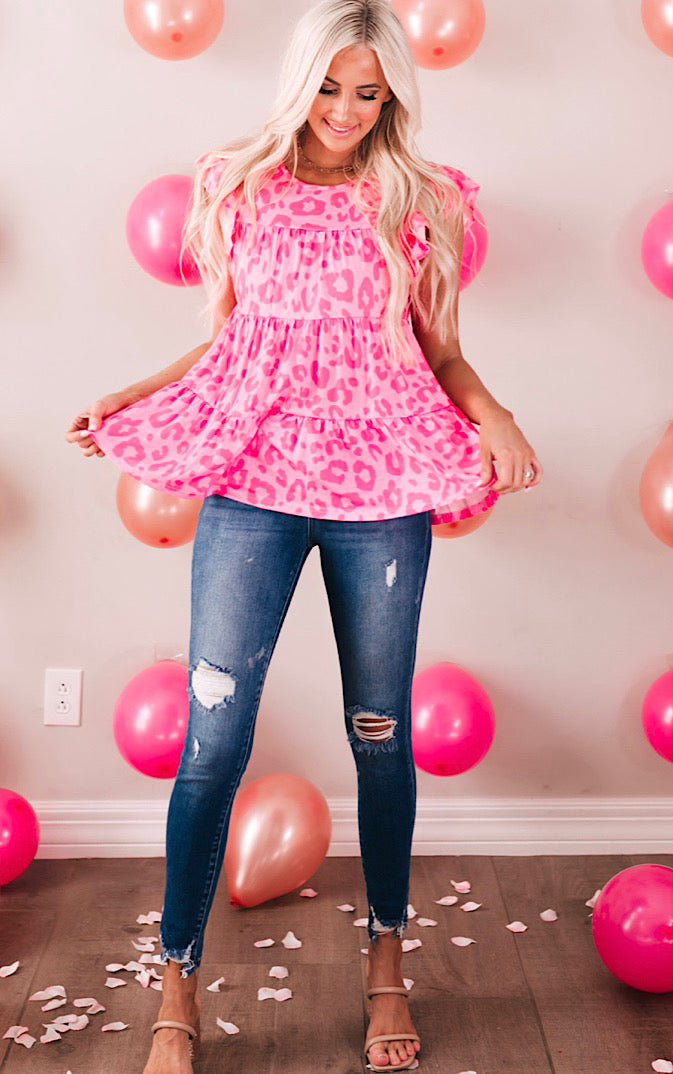 Two Tone Pink Leopard Tiered Top, SM-2X