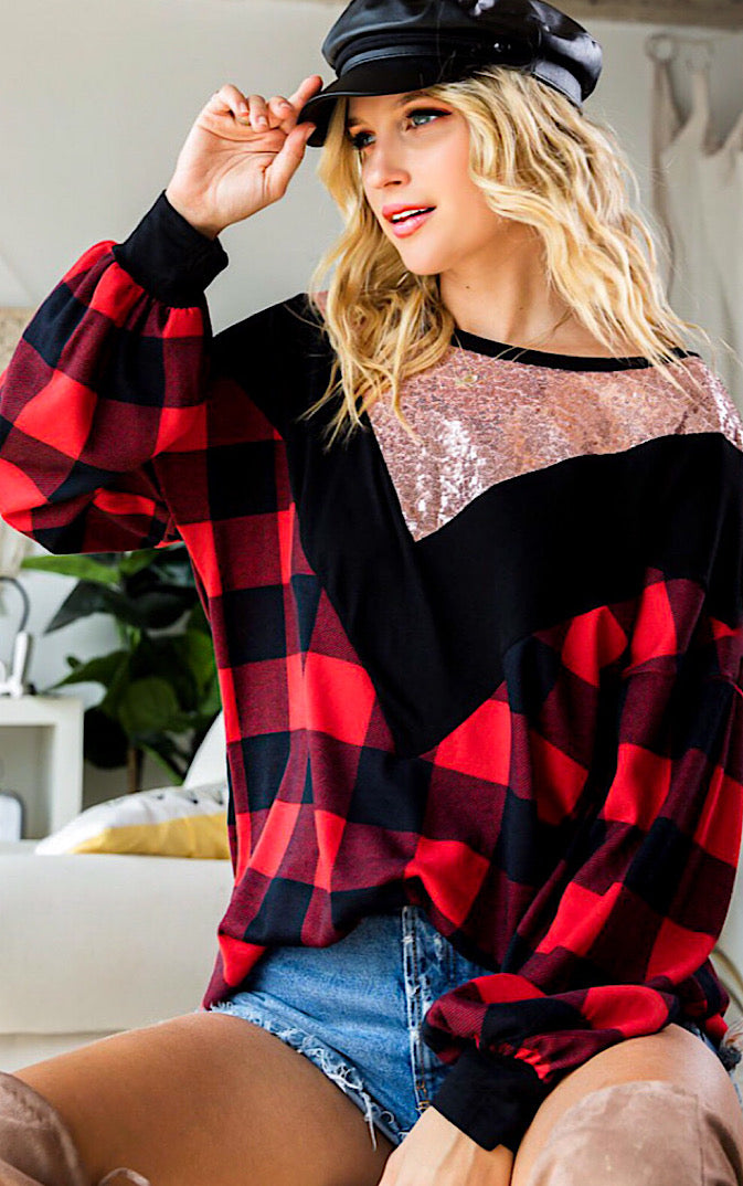 Eat, Drink, & Be Merry Buffalo Plaid Top, SM, MED, LRG