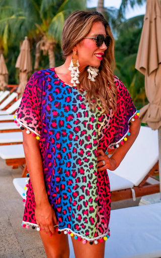 Beach Babe Rainbow Leopard Swimsuit Cover Up, SM-4X!