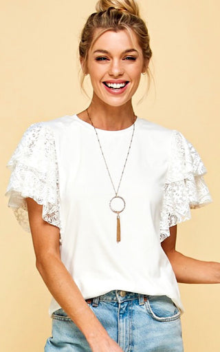 Living The Dream White Lace Sleeve Top