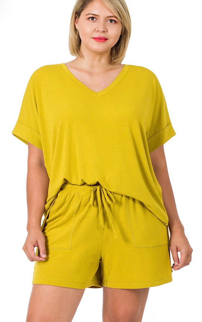 Easy Like Sunday Olive Yellow Pajamas Shorts Set, S-3X!