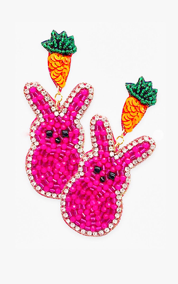 Hot Pink Beaded Bunny Earrings