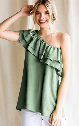 RESTOCKED! Sophisticated Sweetie Light Olive One Shoulder Top