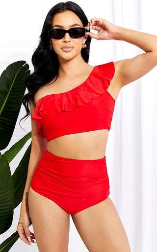 Days In The Sun Red Ruffle One Shoulder Bikini Swimsuit, SM-2X