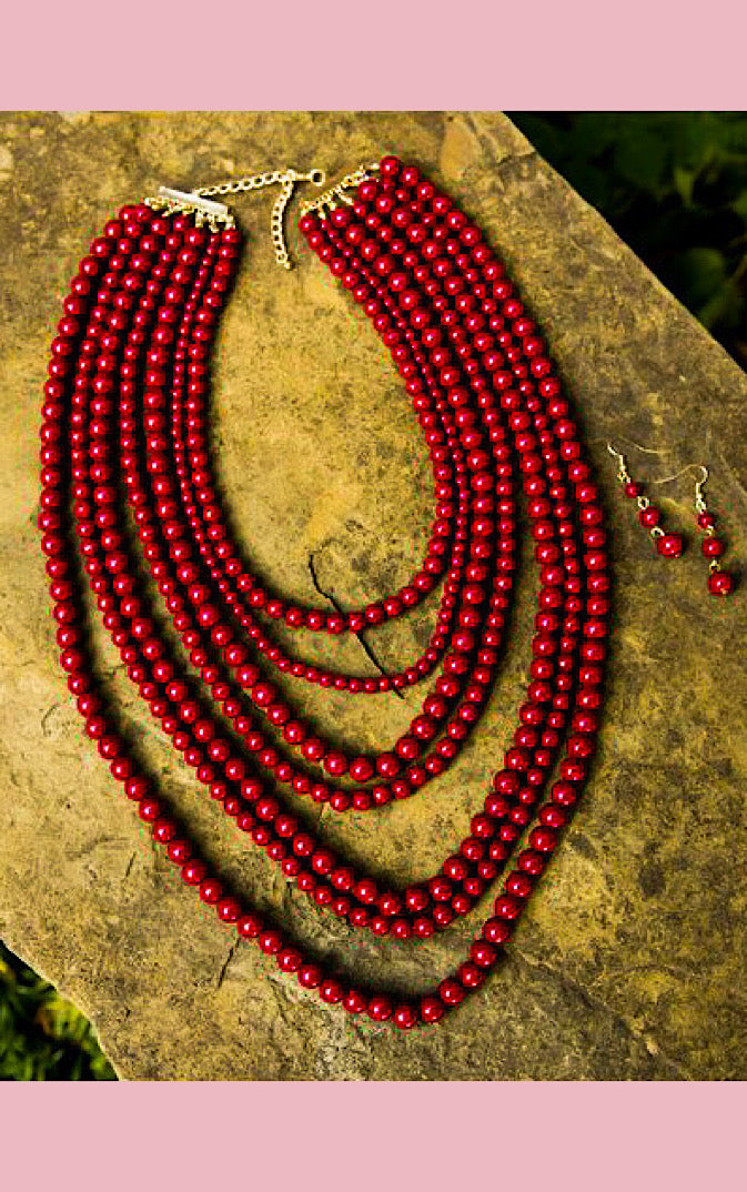Dark Red Seven Strand Beaded Necklace